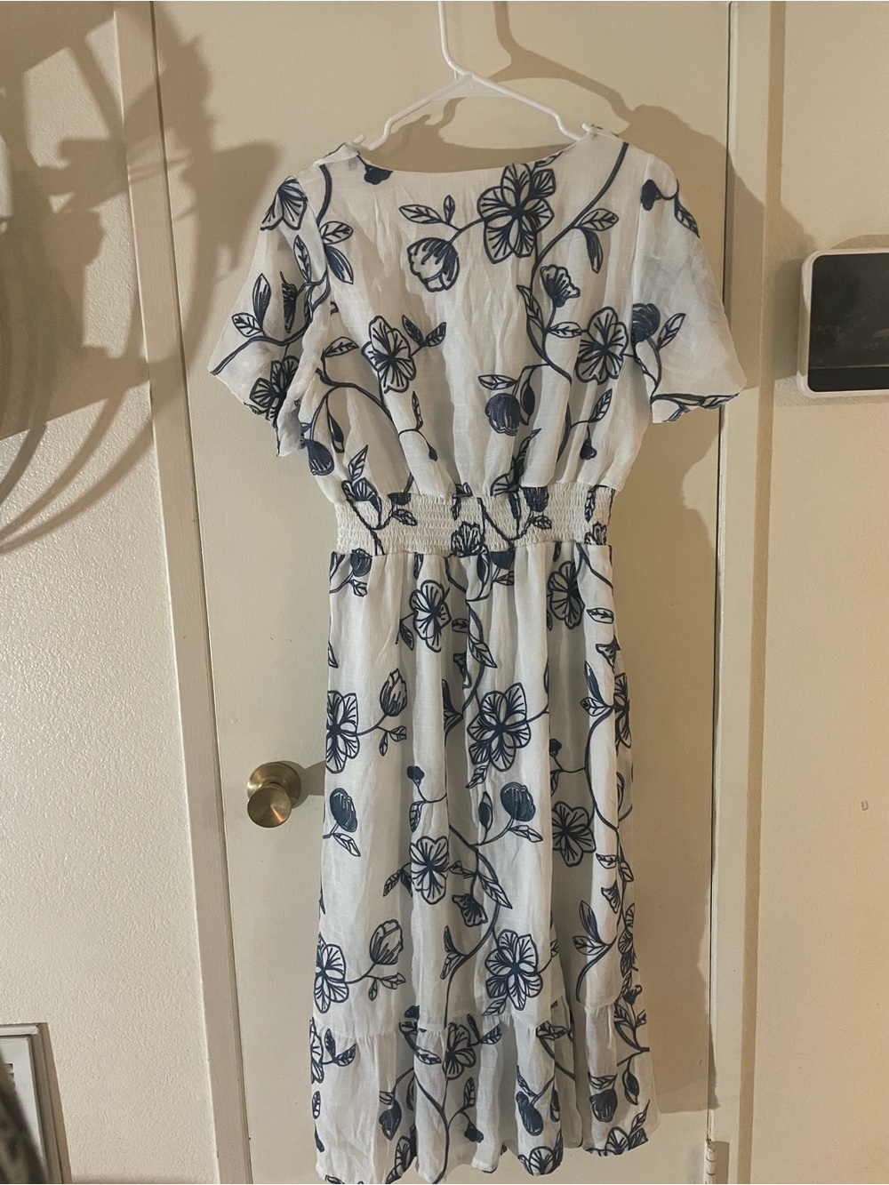 Navy White Floral Smocked Waist Midi Dress Cottagecore M - Picture 4 of 9